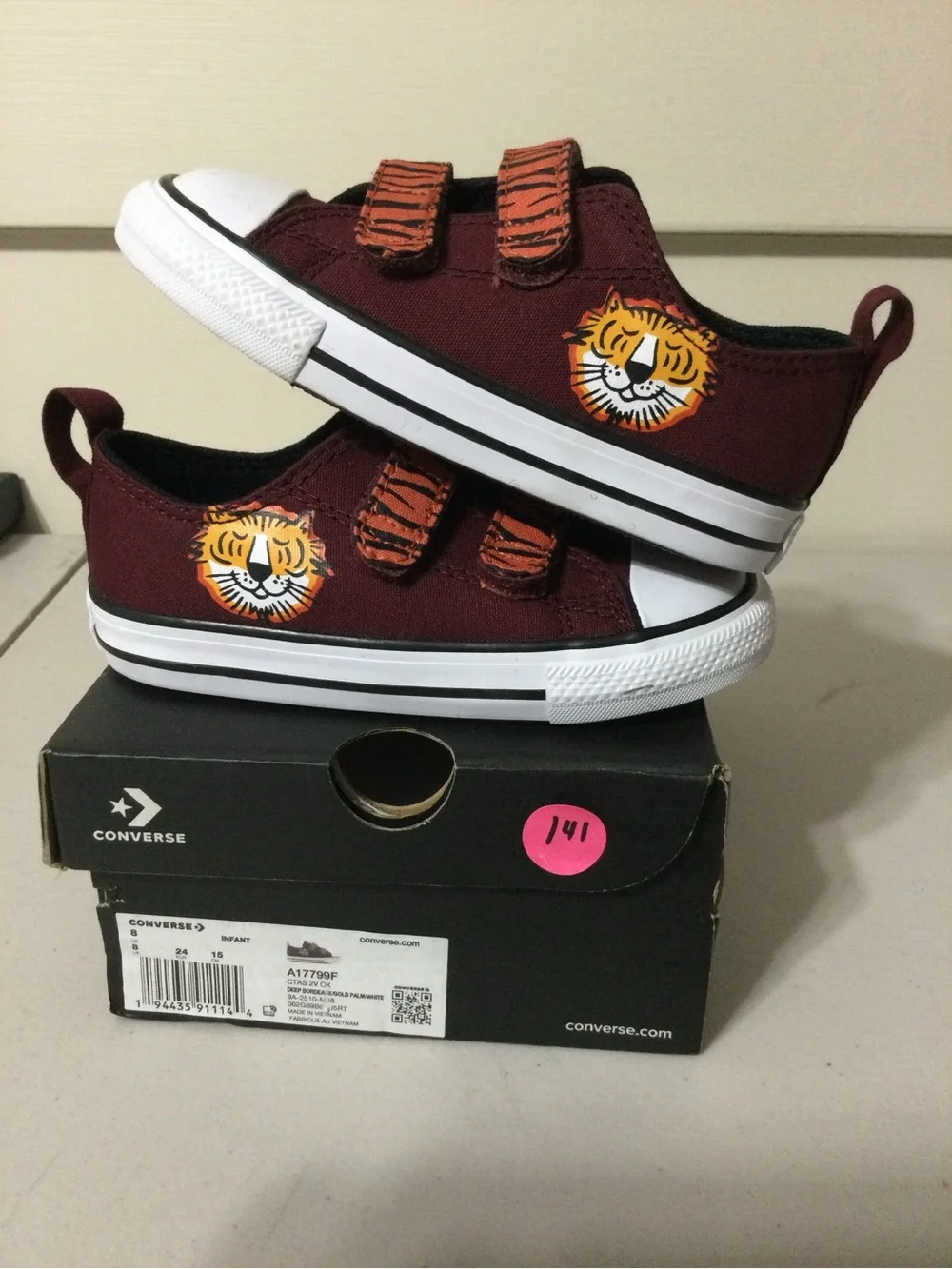 Converse Kids Maroon Sneakers with Orange Tiger-Print Straps